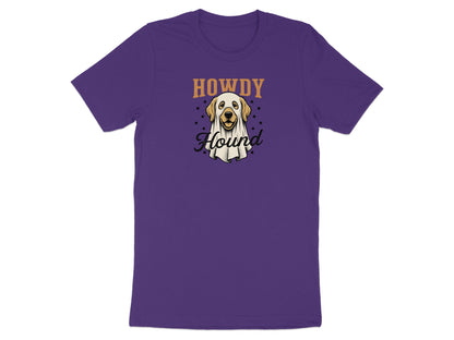 Purple t-shirt with a dog in a ghost costume graphic and "Howdy Hound" text.