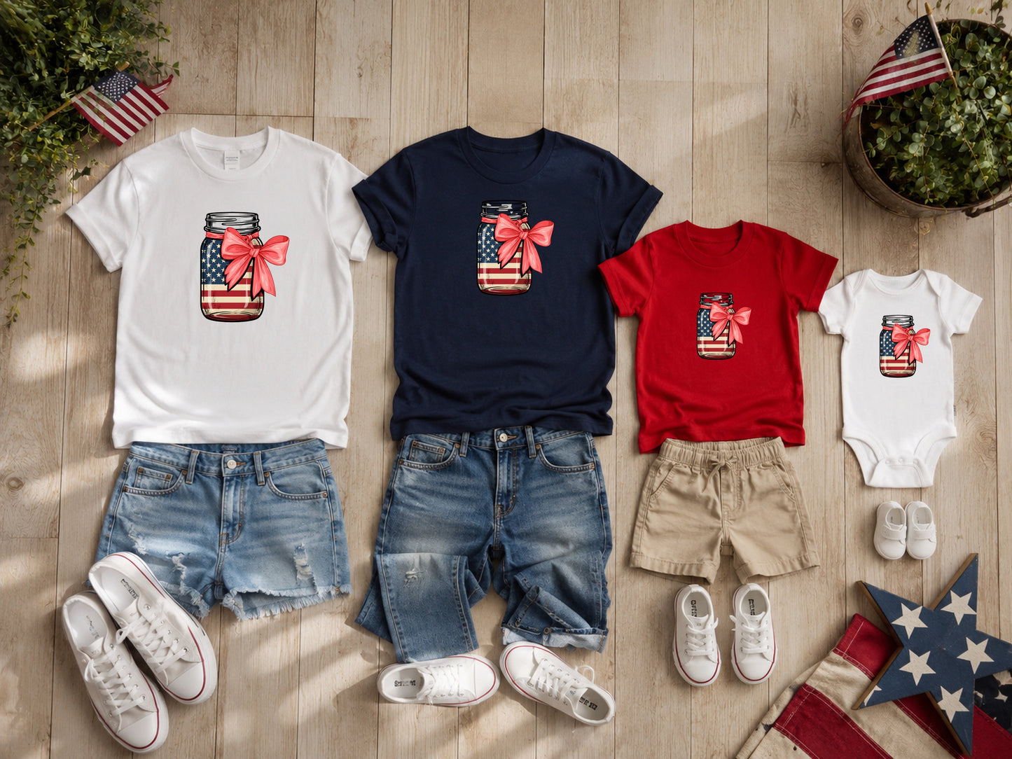 Four patriotic t-shirts and onesie with mason jar designs and red bows.