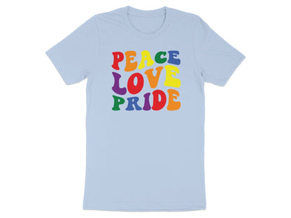 Light blue t-shirt with "PEACE LOVE PRIDE" in colorful rainbow letters.