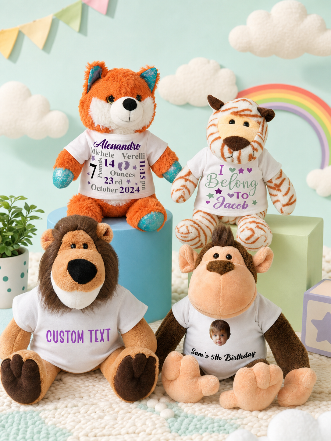 Personalized Animal Plush Stuffed Toy with Birth Announcement, Photo, Name or Custom Text