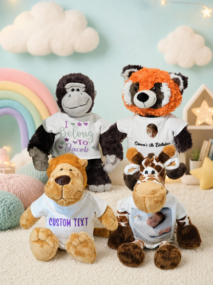 Personalized Animal Plush Stuffed Toy with Birth Announcement, Photo, Name or Custom Text