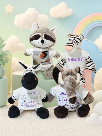Personalized Animal Plush Stuffed Toy with Birth Announcement, Photo, Name or Custom Text