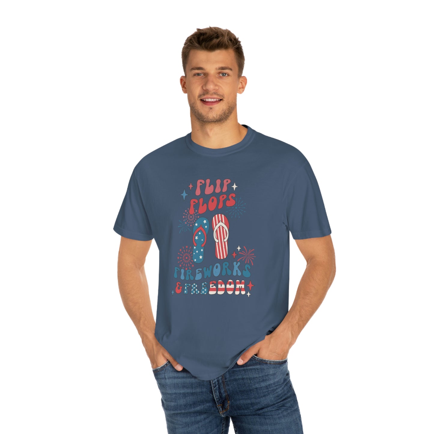 Retro 4th of July Flip Flops, Fireworks and Freedom Comfort Colors® Shirt