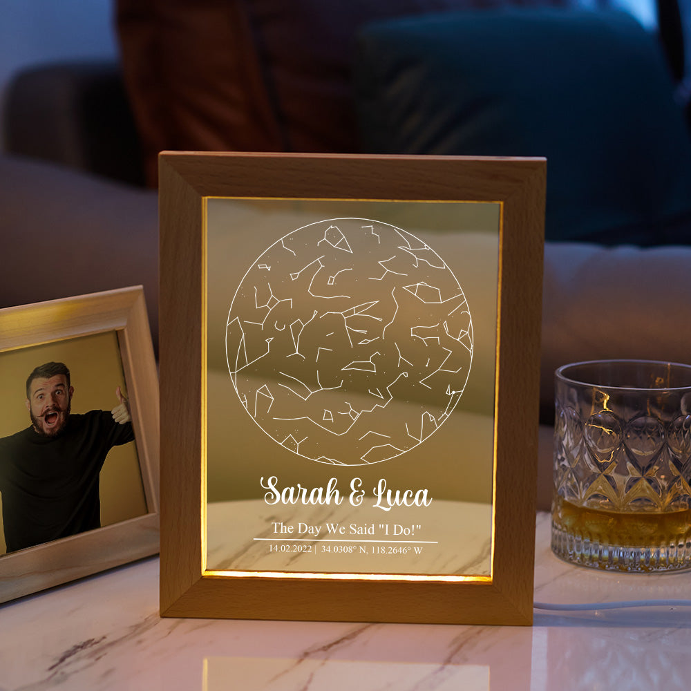 Personalized Star Constellation Map on Engraved Acrylic Print Night Light with Wood Frame