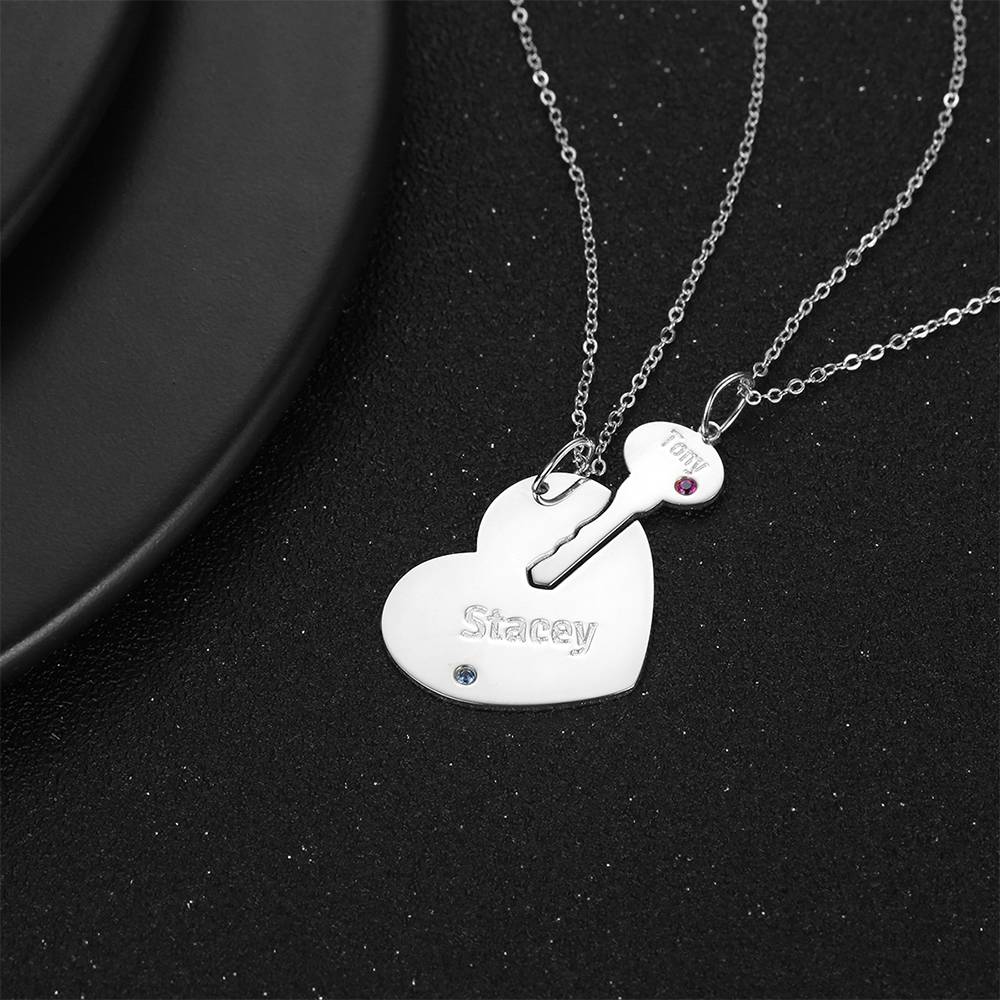 Black Background Custom Heart and Key with Engraved Name and Birthstone Couples Pair of Necklaces