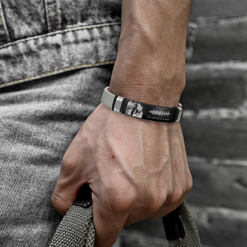 Black on man's hand Personalized Scannable Music Code Mens Bracelet
