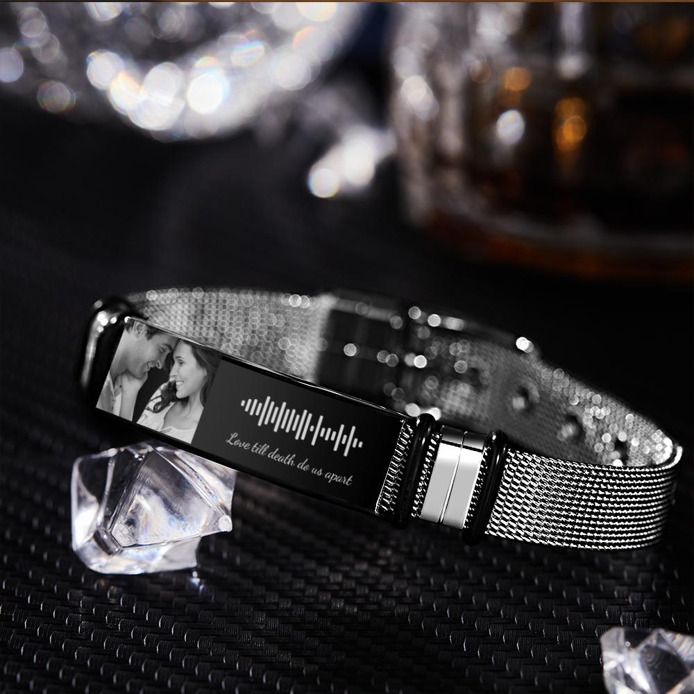 Black with background Personalized Scannable Music Code Mens Bracelet