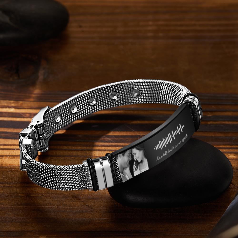 Black wood background Personalized Scannable Music Code Mens Bracelet