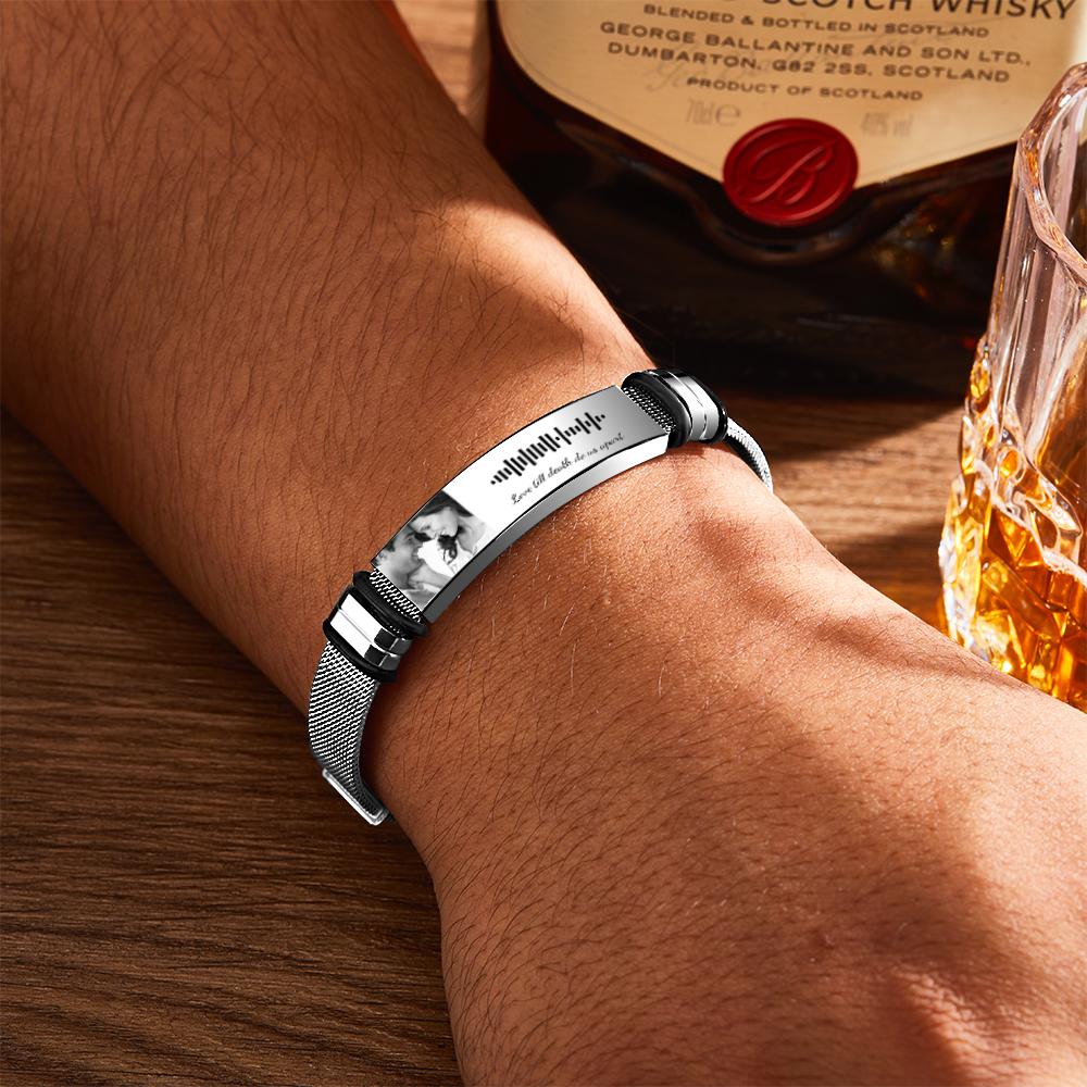 Personalized Scannable Music Code Mens Bracelet on man's wrist 