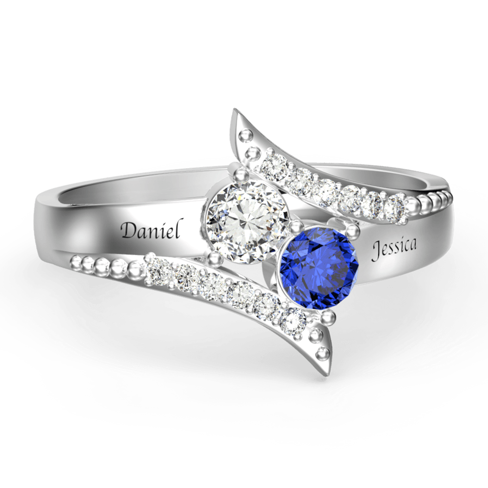 Personalized Engraved Ring with Two Birthstones and Two Names  - 925 Sterling Silver