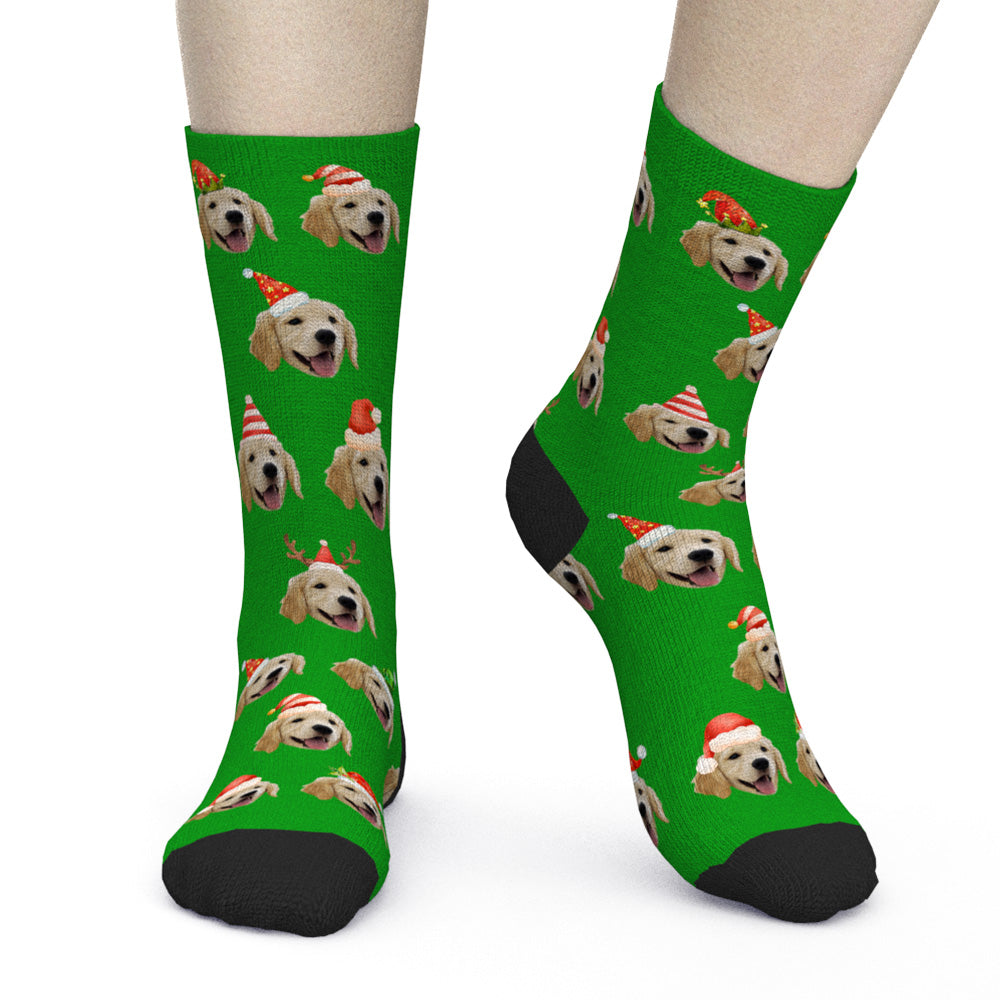 Custom Holiday Hats Pet Face Christmas Socks in Green