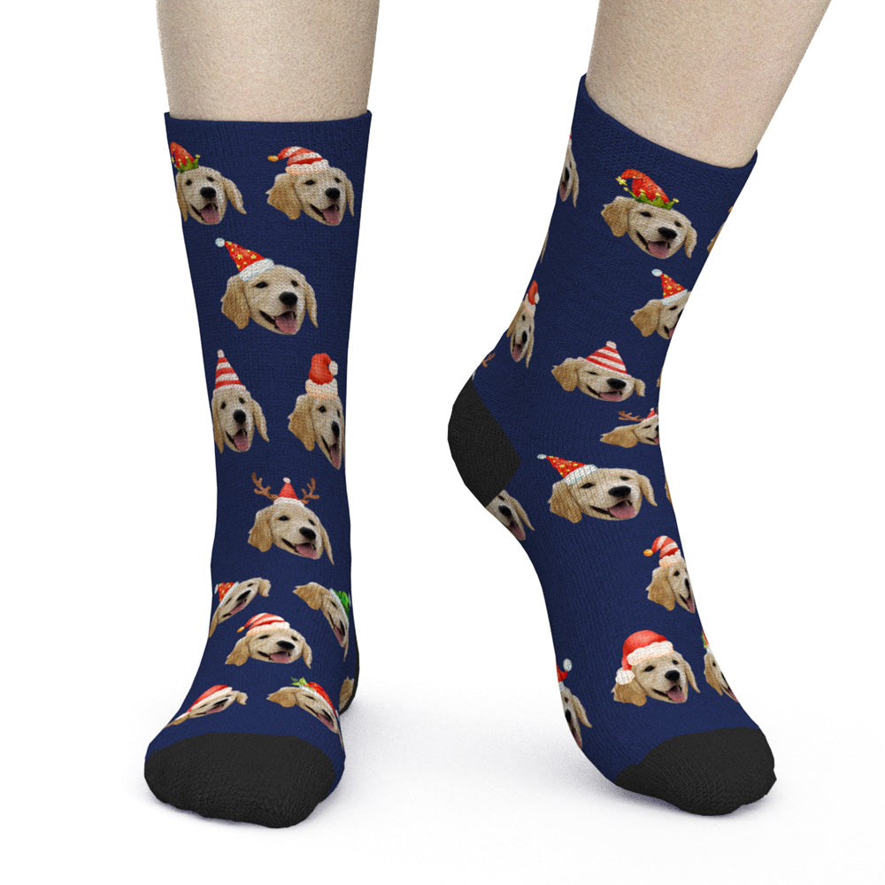 Custom Holiday Hats Pet Face Christmas Socks in Navy Blue
