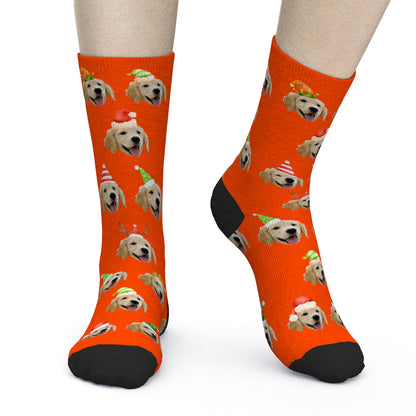 Custom Holiday Hats Pet Face Christmas Socks in Orange
