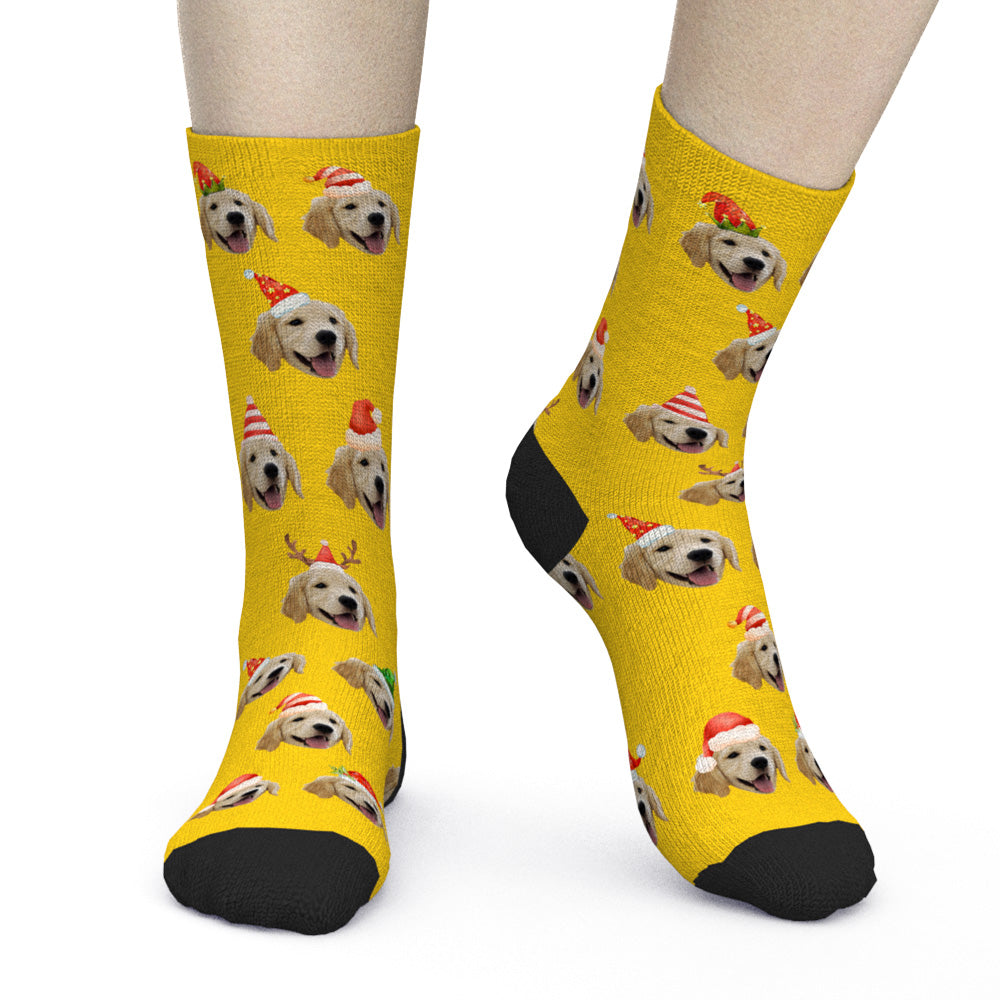 Custom Holiday Hats Pet Face Christmas Socks in Yellow
