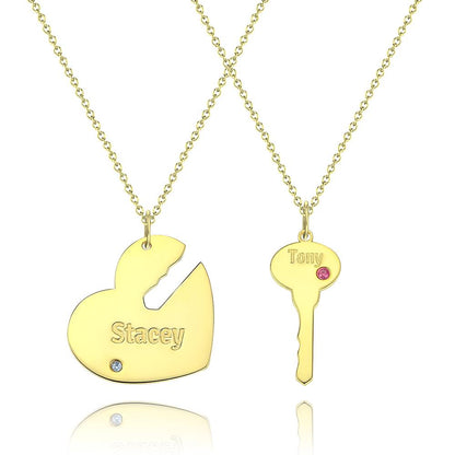 Gold Custom Heart and Key with Engraved Name and Birthstone Couples Pair of Necklaces