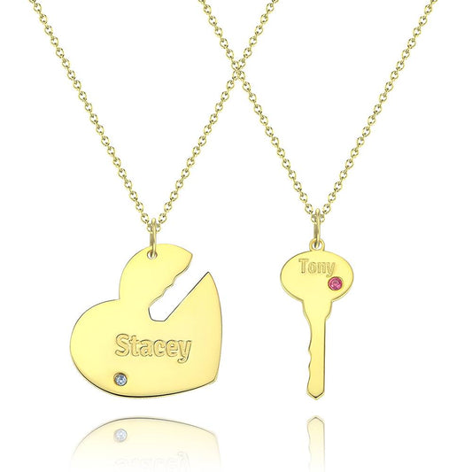 Gold Custom Heart and Key with Engraved Name and Birthstone Couples Pair of Necklaces