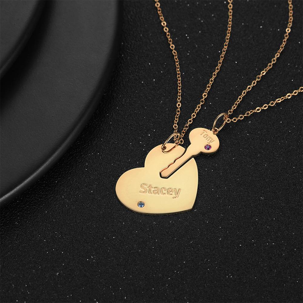 Gold on Black Background Custom Heart and Key with Engraved Name and Birthstone Couples Pair of Necklaces