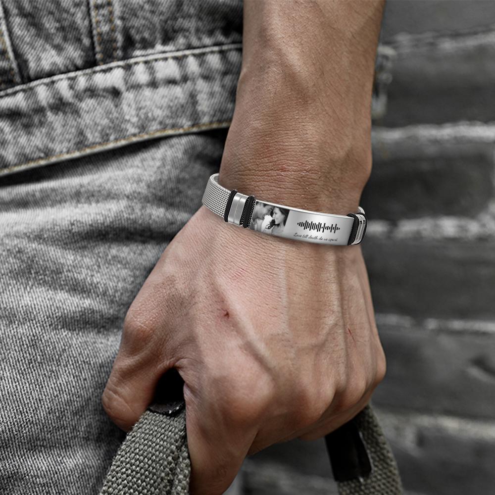 Man's Hand with Personalized Scannable Music Code Mens Bracelet