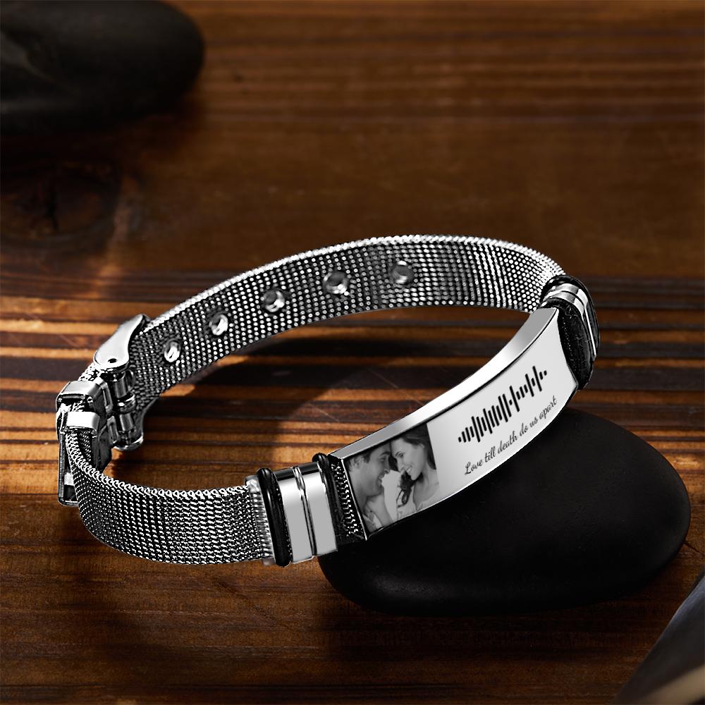 On wooden table Personalized Scannable Music Code Mens Bracelet