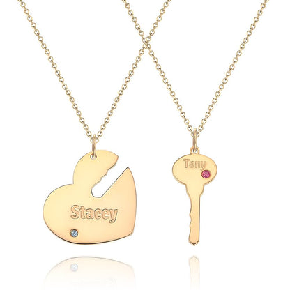 Rose Gold Custom Heart and Key with Engraved Name and Birthstone Couples Pair of Necklaces