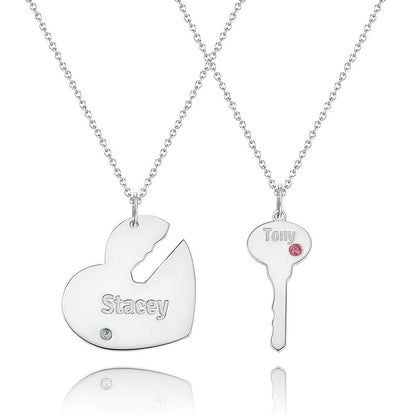 Silver Custom Heart and Key with Engraved Name and Birthstone Couples Pair of Necklaces