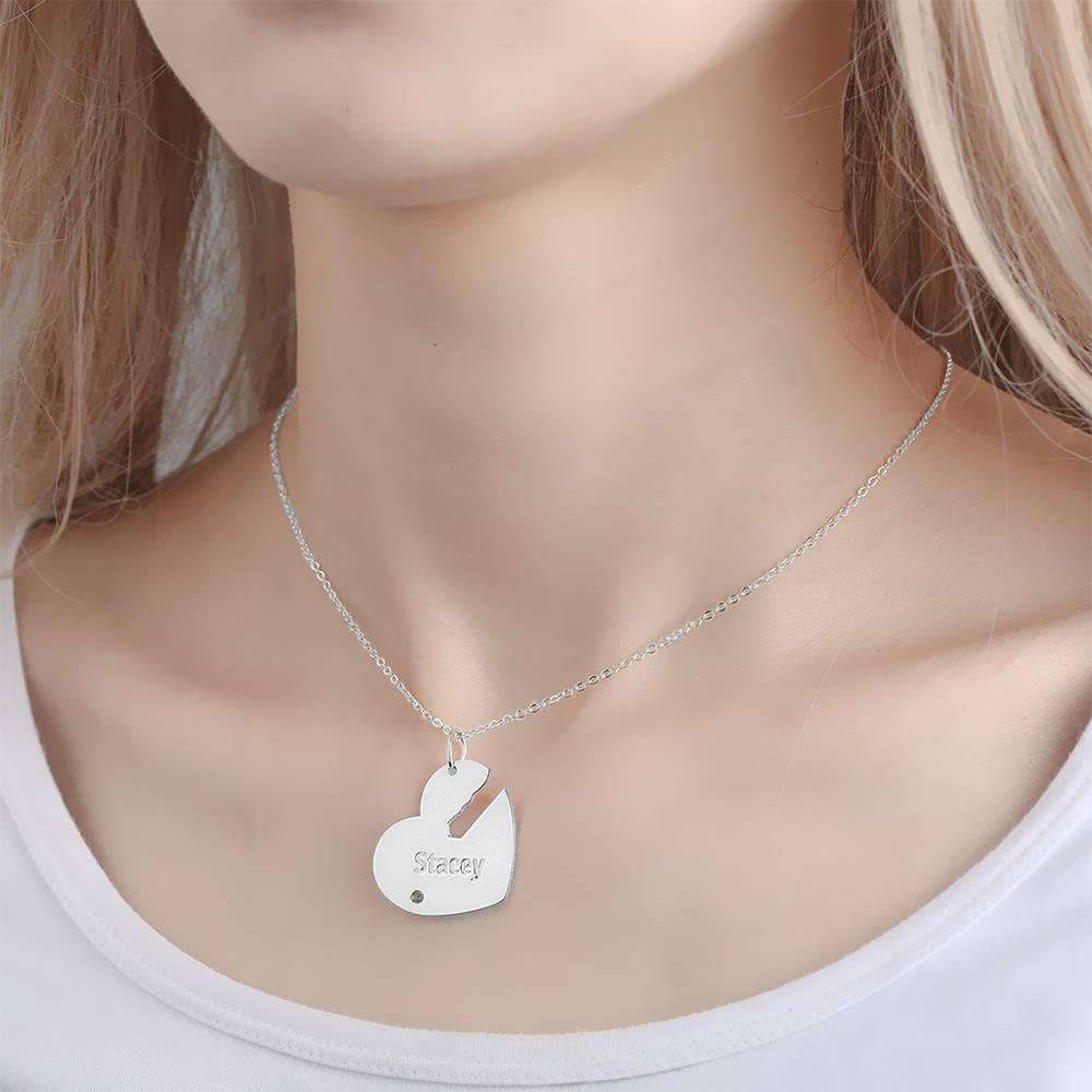 Silver Heart Example Custom Heart and Key with Engraved Name and Birthstone Couples Pair of Necklaces