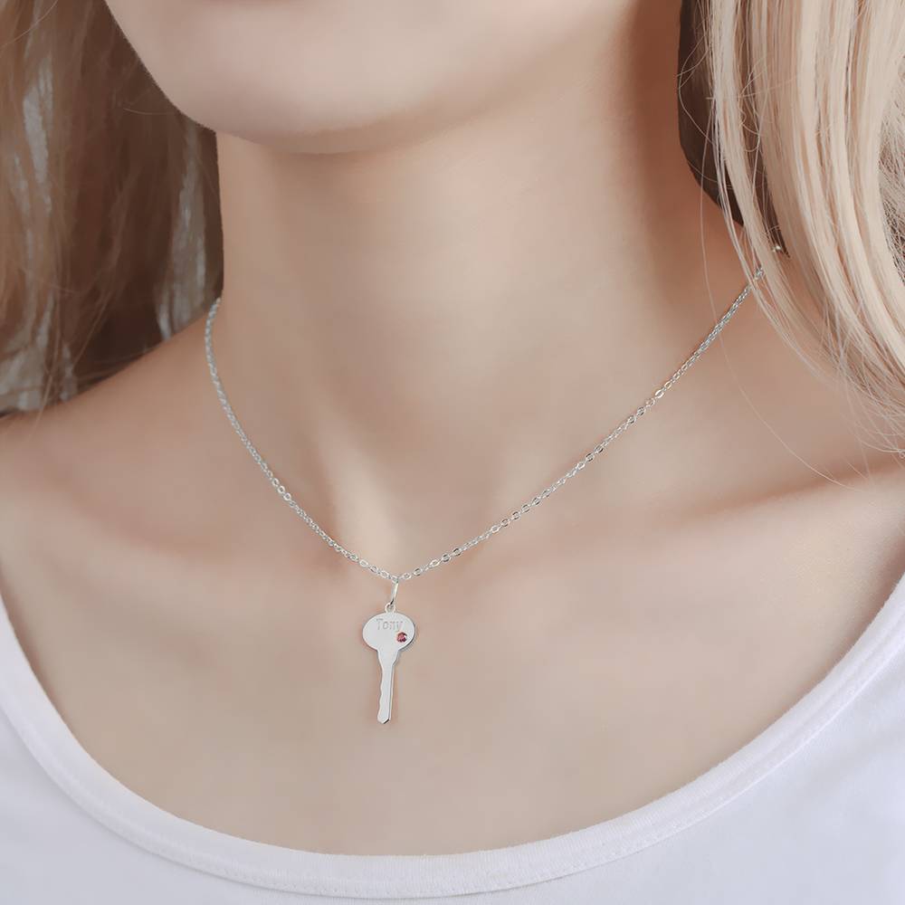 Silver Key Example Custom Heart and Key with Engraved Name and Birthstone Couples Pair of Necklaces