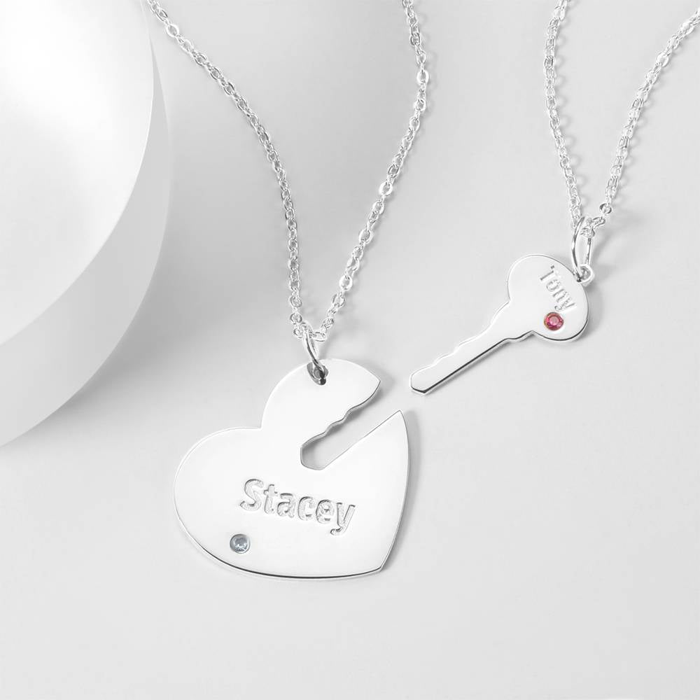 White Background Silver Custom Heart and Key with Engraved Name and Birthstone Couples Pair of Necklaces