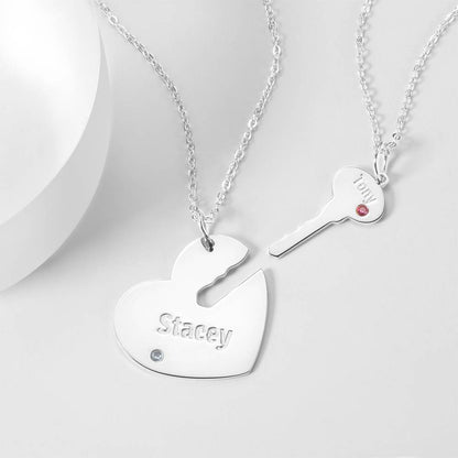 White Background Silver Custom Heart and Key with Engraved Name and Birthstone Couples Pair of Necklaces