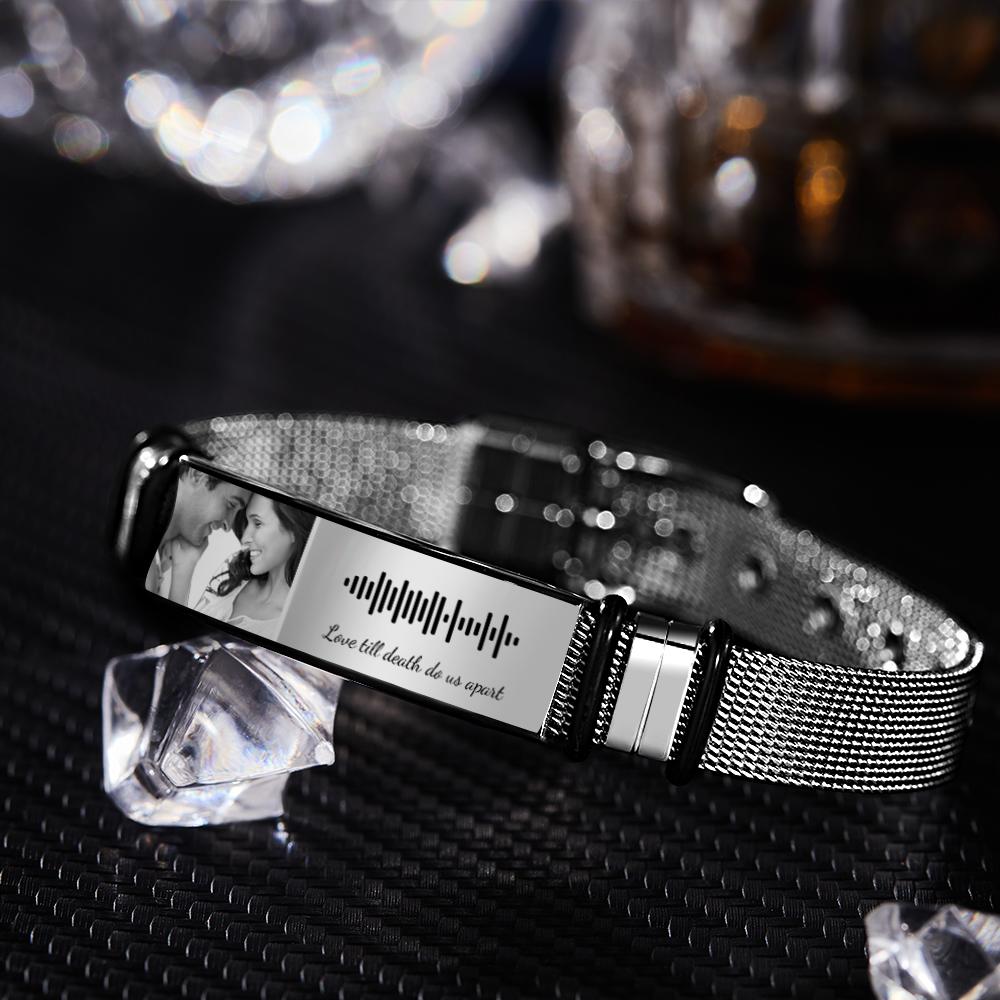 With background Personalized Scannable Music Code Mens Bracelet